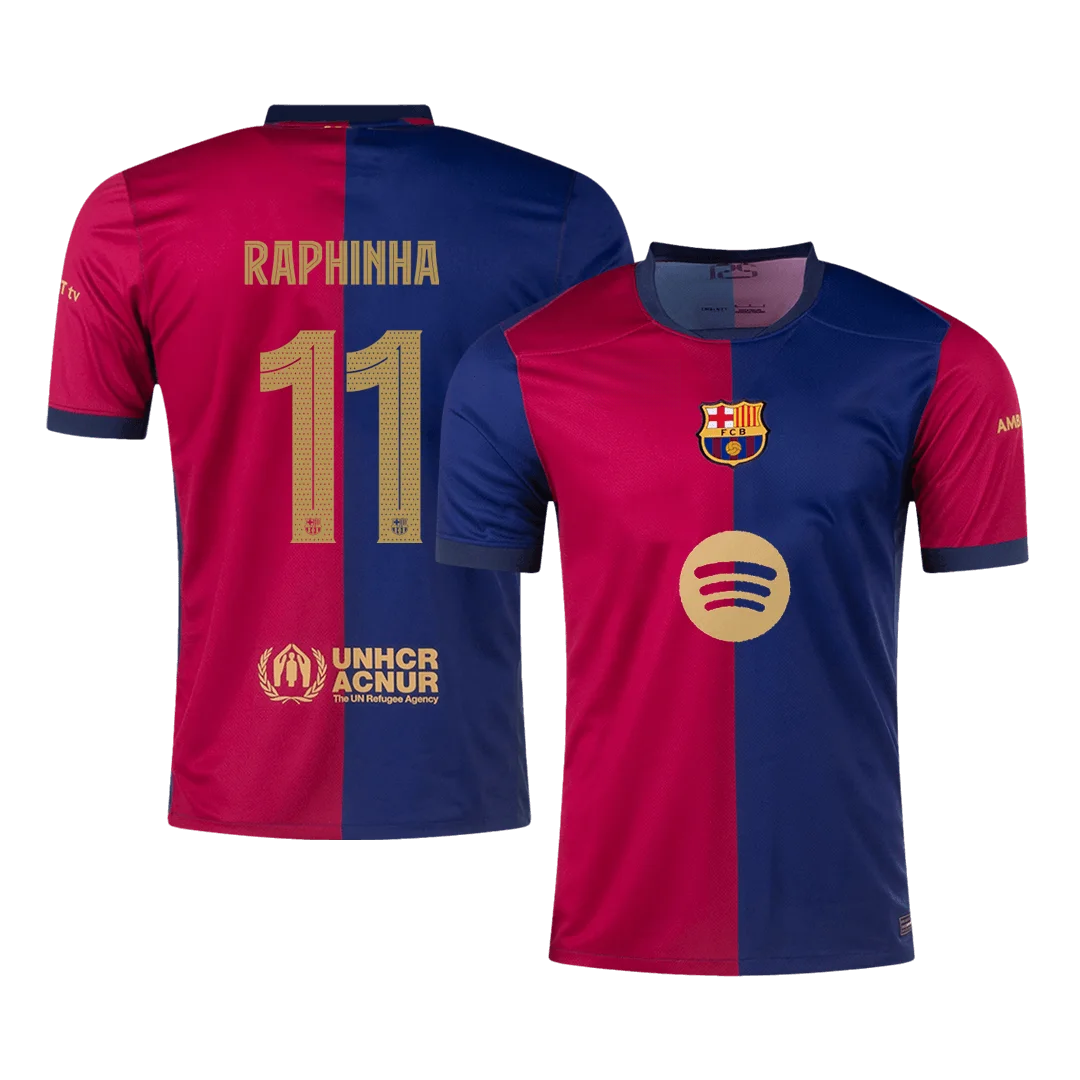 RAPHINHA #11 Barcelona Home Soccer Jersey -UCL (Spotify Logo Without Text)